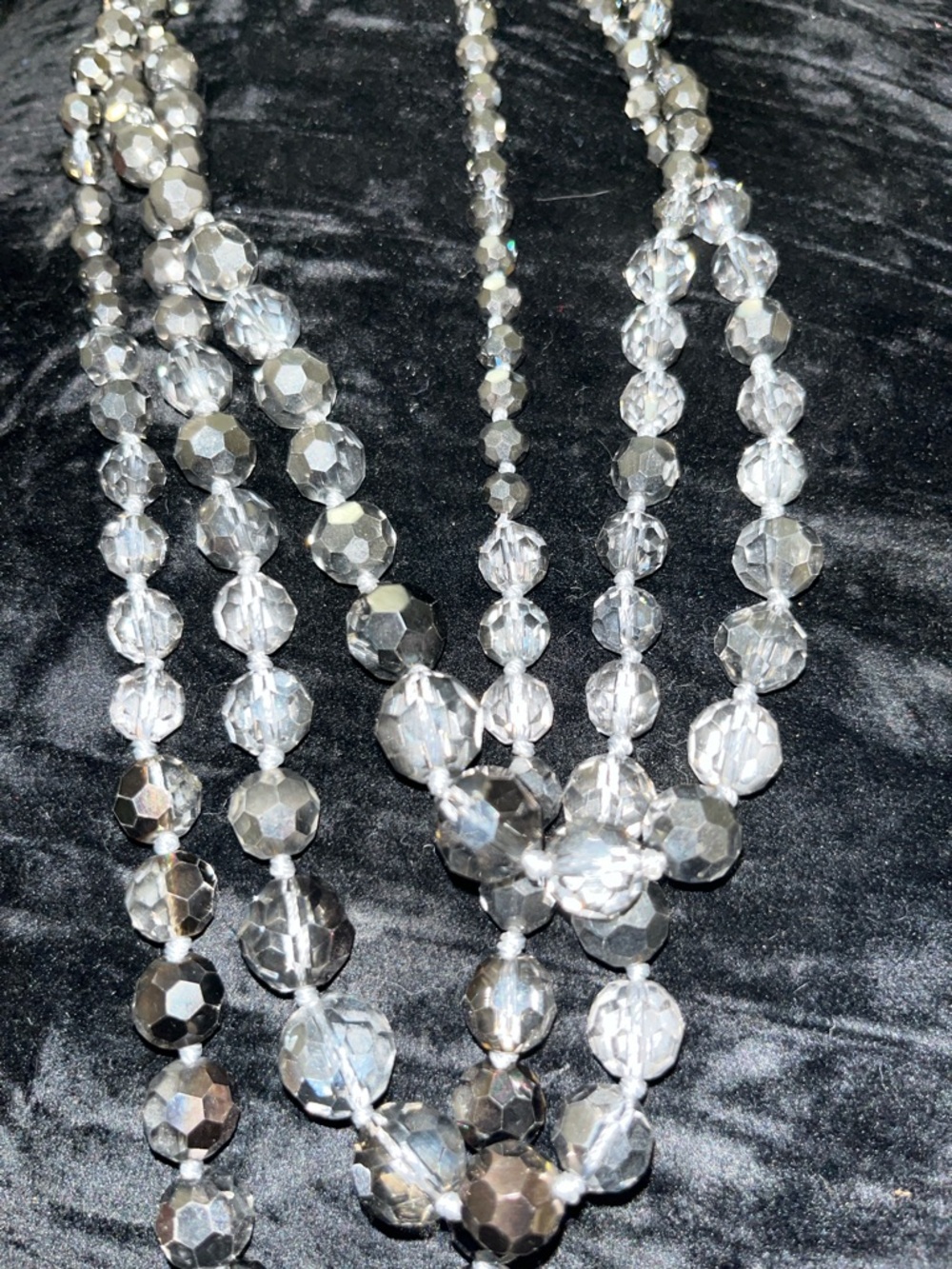 Vintage 1960s Multi Strand Faceted Clear & Silver Crystal Beaded Necklace